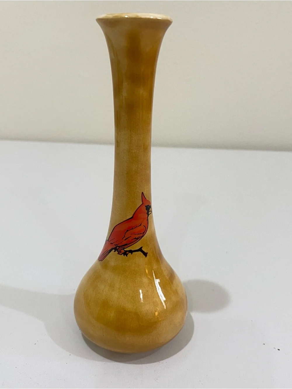 Vintage Hand Painted Cardinal Ceramic Glazed Bud Flower Vase 6” MCM Rustic